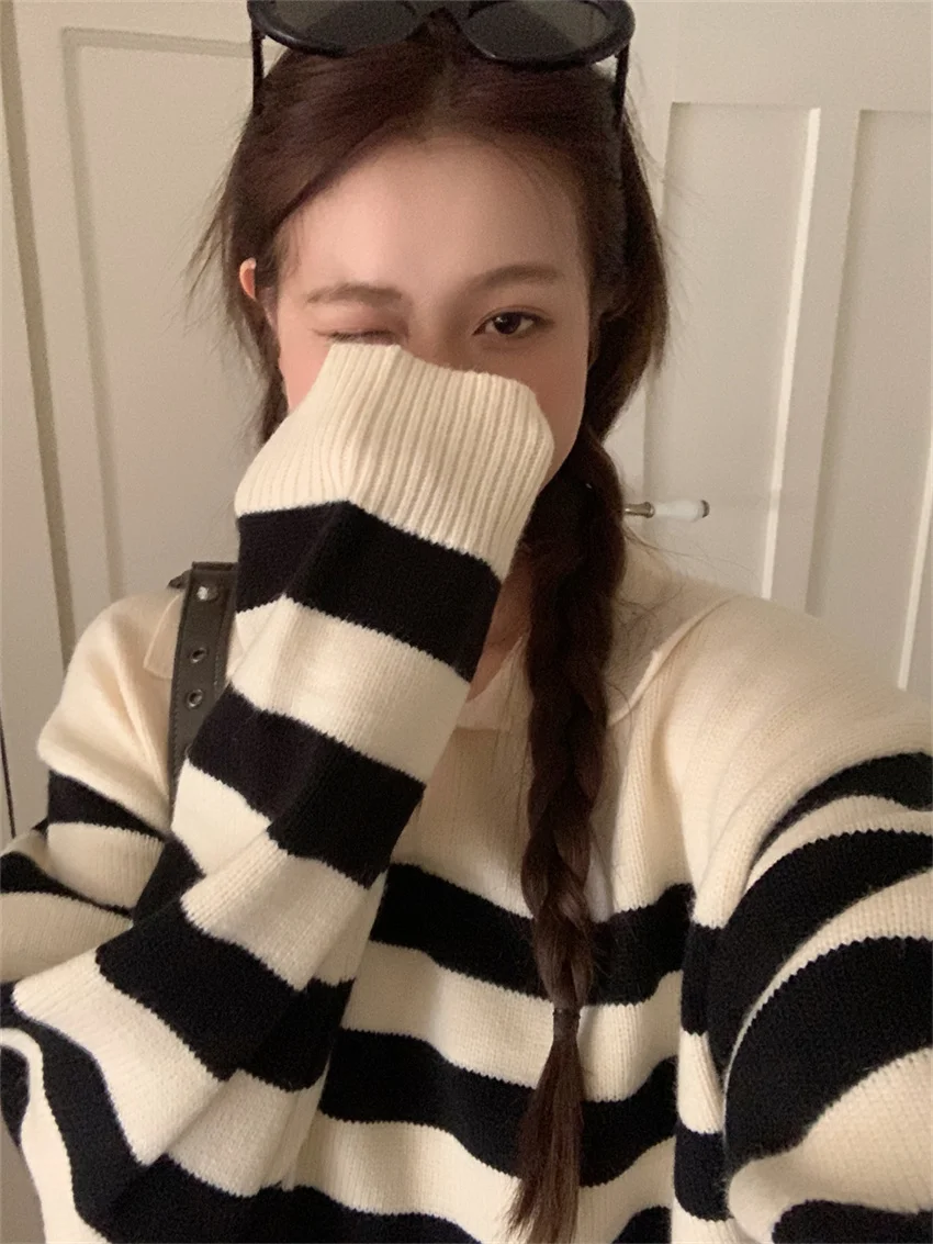 Alien Kitty Stylish Sweaters Office Lady Knitted Women Loose Autumn Daily Outwear 2023 OL Chic Pullovers Stripes Full Sleeve