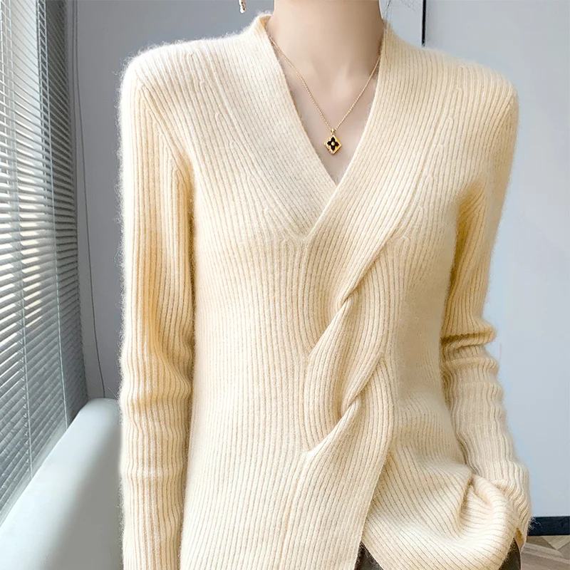 Women 100% Pure Merino Wool V-Neck Cross Twisted Pullover Cashmere Thick Tops Casual Knitted Clothing Fashion Autumn Winter