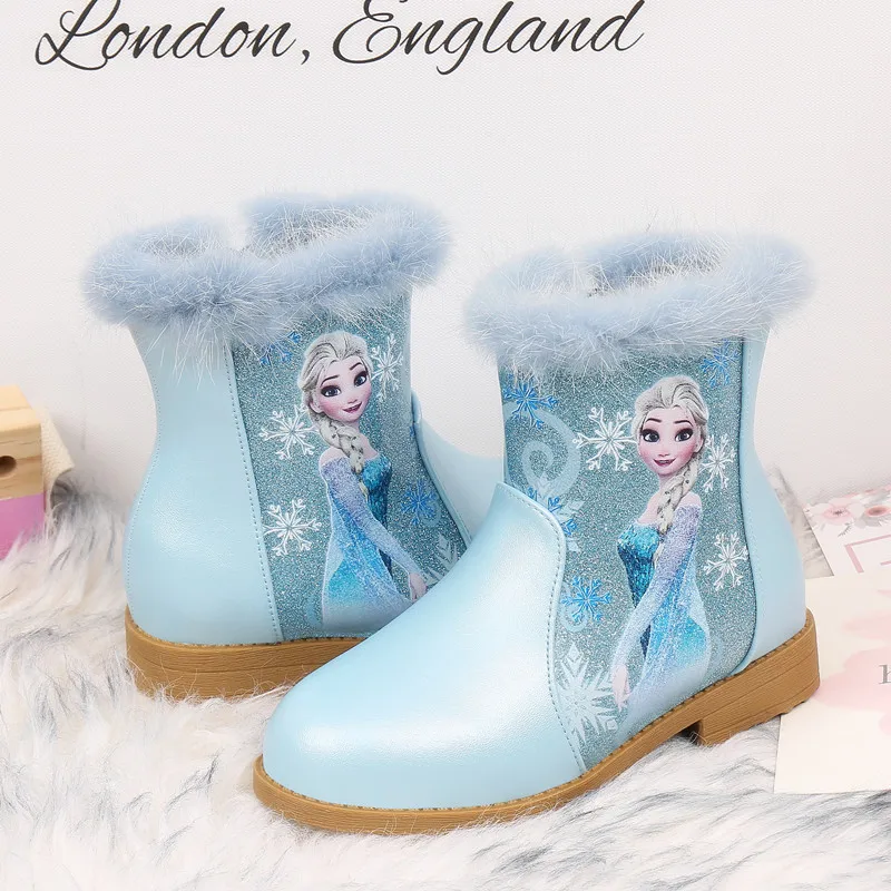 Disney Girls\' Boots Winter Fashion Frozen Elsa Princess Children\'s Short Girls\' Cotton Fur Ankle Boots Girls\' Pink Shoes Size 25