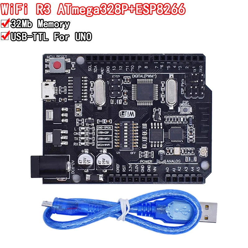 

UNO R3 + WiFi ATmega328P+ESP8266 (32Mb memory) USB-TTL CH340G For Arduino Uno NodeMCU WeMos ESP8266 One New Arrival