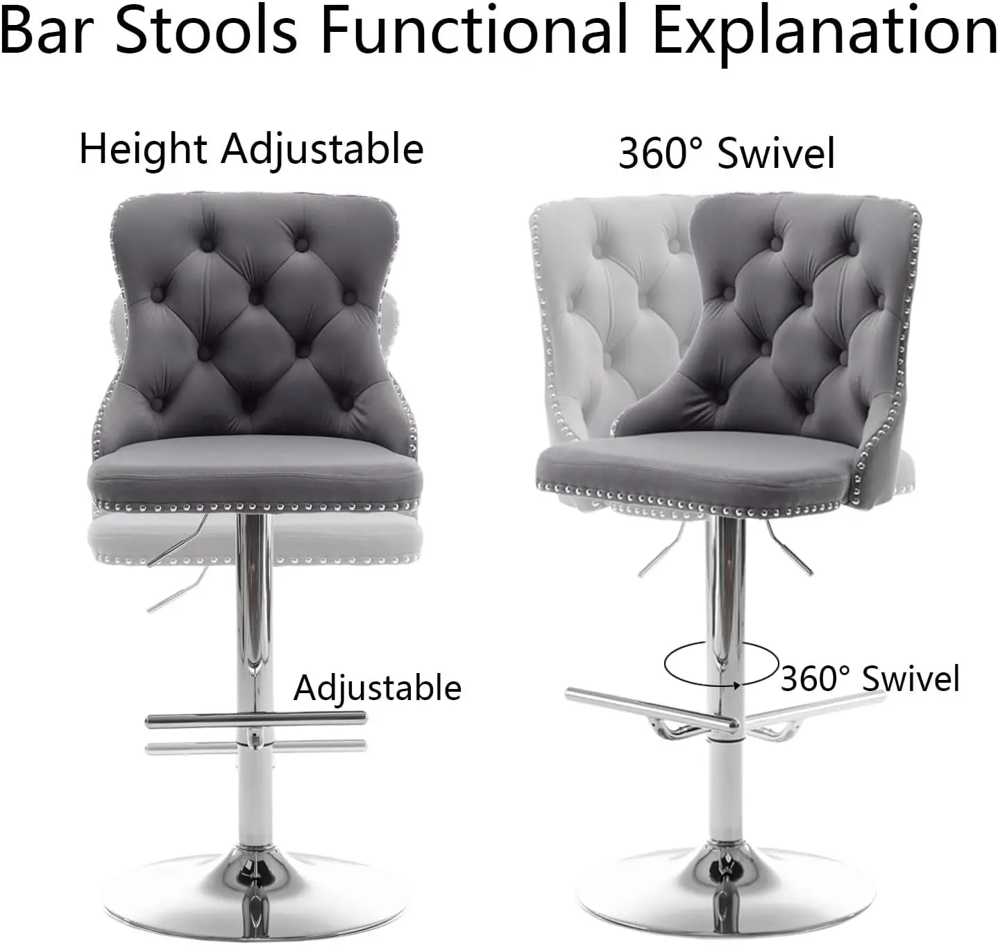 조정 가능한 바 스툴, 회전 카운터 높이 바 스툴, 네일 헤드 트림 및 단추 포함, 2 개 세트
