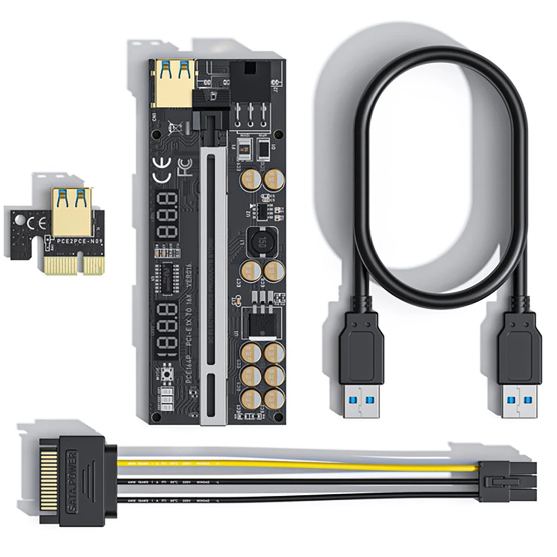 A34M-para BTC Miner VER016 PCI-E 1X a 16X USB3.0 GPU Riser Card con 10 condensadores pantalla de temperatura/voltaje + escudo