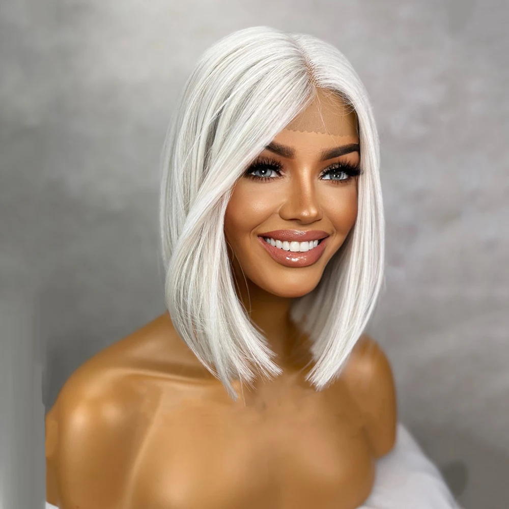 Custom Synthetic Lace Wigs #60 Platinum Blonde Short Bob Wig Straight Lace Front Wig for Women Natural Hairline Glueless 13x4 HD