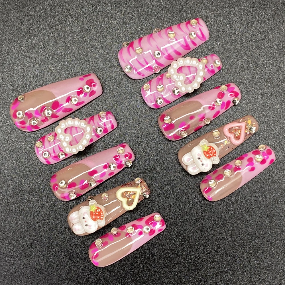 

Pink Covered Decoration Y2K French Short Acrylic Nails Tip 10PCS Multicolor Glossy Unique Design Handmade Press On Nails Daily