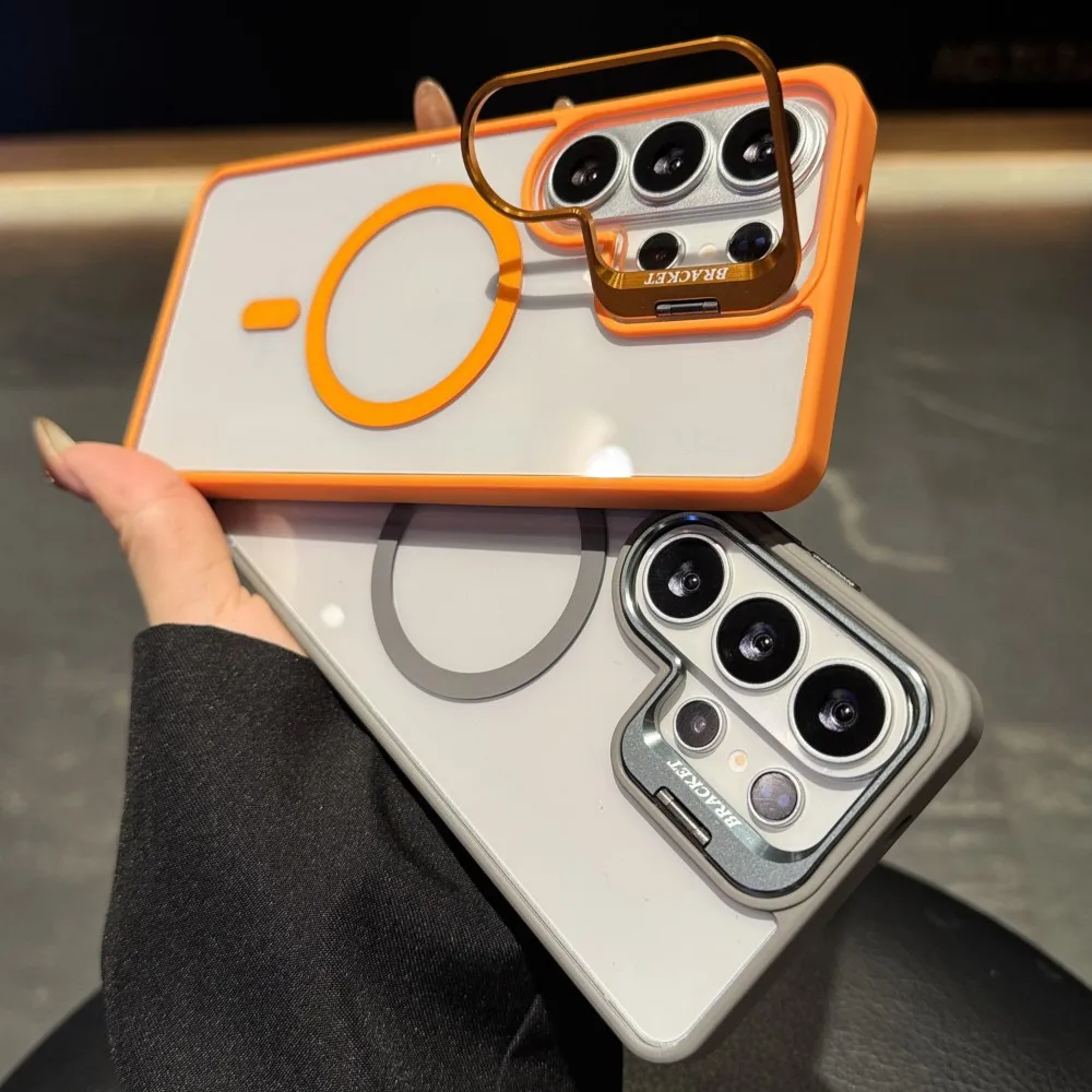 Metal Camera Kickstand Holder Case For Samsung Galaxy S26 S25 Edge S24 S23 FE Ultra Plus For Magsafe Wireless Charge Clear Cover