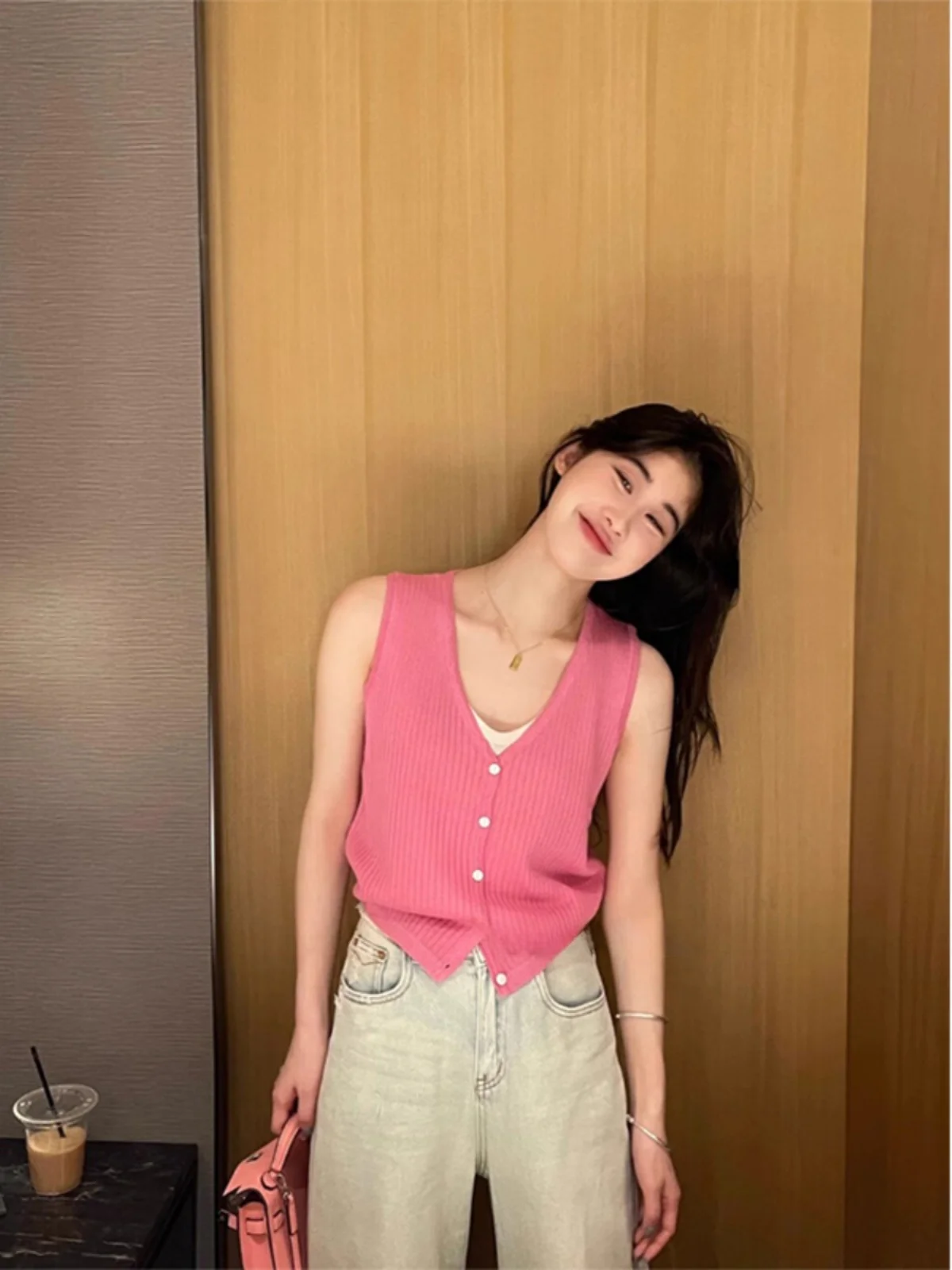 

Summer Women's Ice Silk Knitted Vest Svel Thin Sle Layering Top Faionable Warm Lazy Sle Pure Color Polyester