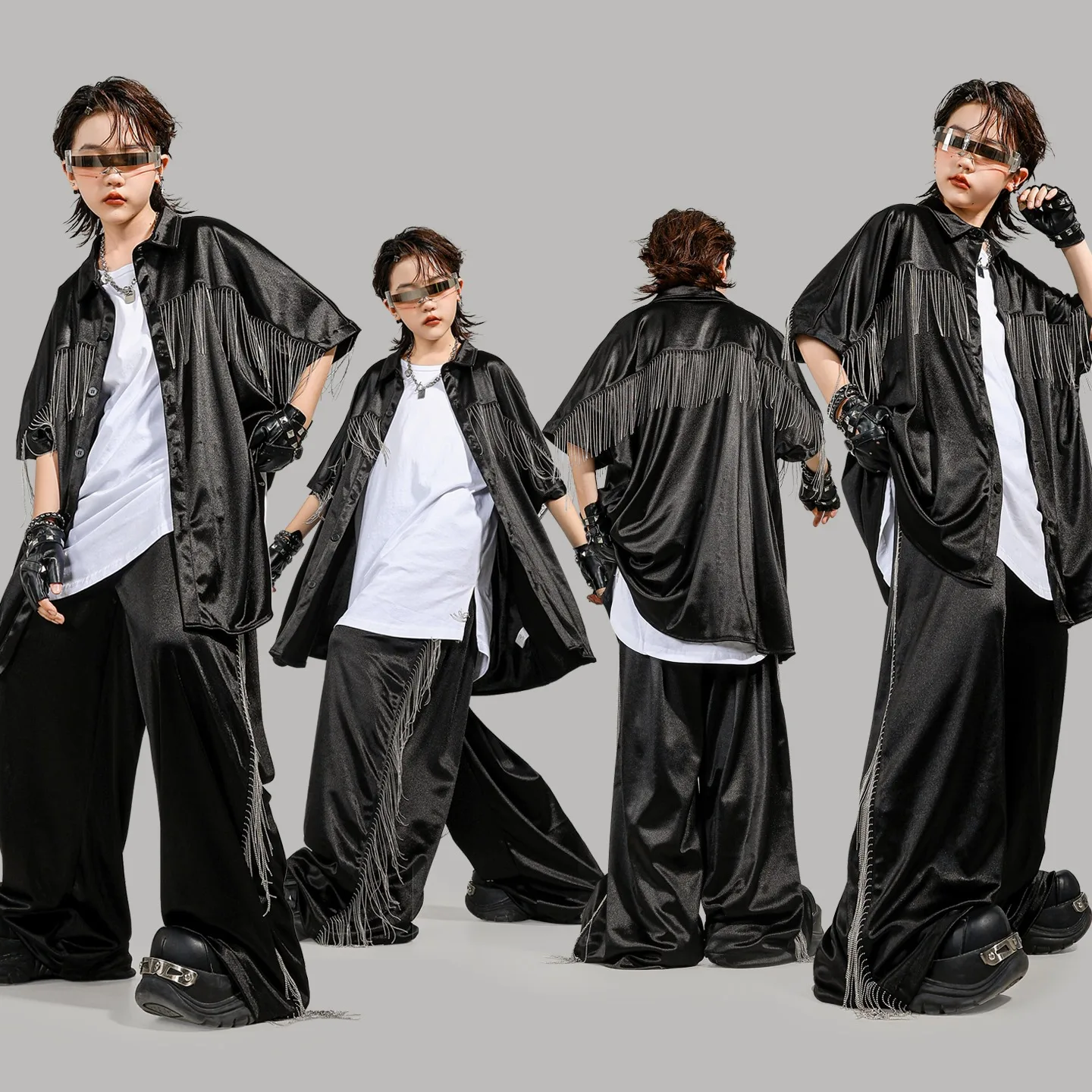 

Kids Hiphop Clothes Black Shirt Pants Short Sleeves Tassel Outfits Boys Girls Stage Performance Costume Jazz Dance Wear BL16742