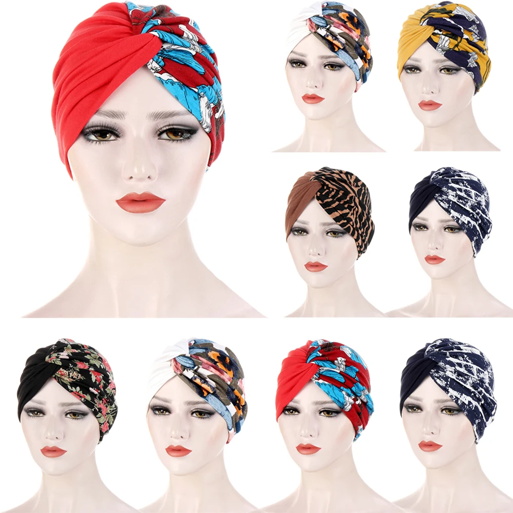 

New Print Twist Knot Turban Indian Women Skullies Muslim Hijab Chemo Cap Cancer Hat Beanies Bonnet Stretch Hair Loss Head Cover