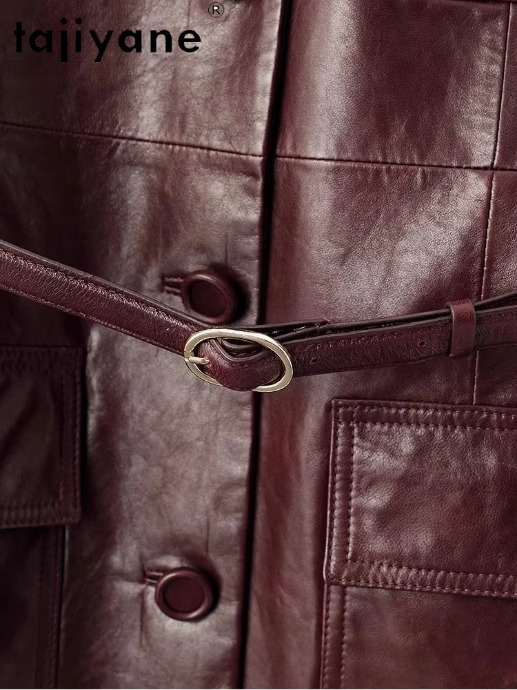 TAJIYANE Prawdziwa Skóra Owcza Olejowana Woskiem Kurtki Skórzane Czerwone Płaszcze Średniej Długości Dopasowane Kurtki Skórzane dla Kobiet Jesień 2025 Odzież шуба