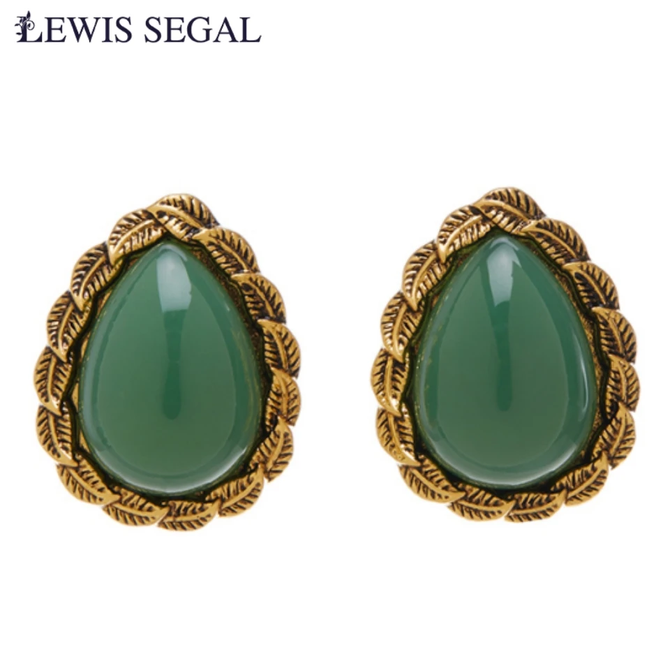 LEWIS SEGAL Medieval Style Green Waterdrop Stud Earrings for Women 18K Gold Colored Glaze Casual Party Daily Retro Fine Jewelry