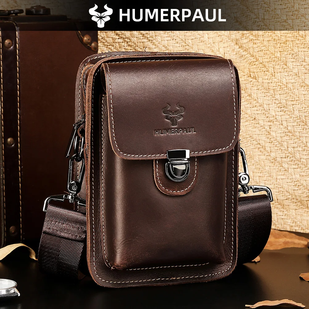 

HUMERPAUL Men's Waist Bag Crazy Horse Leather Small Shoulder Messenger Bags Quality Multifunctional Phone Pouch