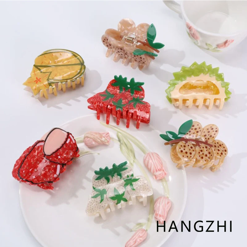 HANGZHI Red Strawberry Lychee Durian Hair Clip Cute Creative Fruit Shark Clip Cartoon Holiday Gifts Hair Accessories For Women