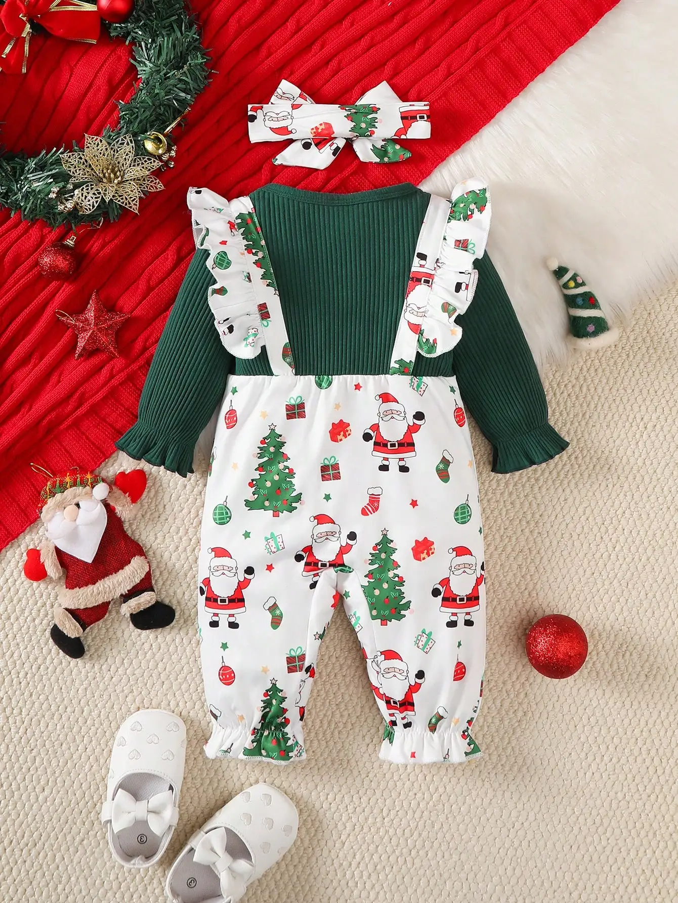 Baby Girl Christmas Style Long-Sleeve Romper Set, Dark Green Ribbed Long-Sleeve Inner Layer Paired with Santa Claus and Christmas Tree Print Romper + Headband