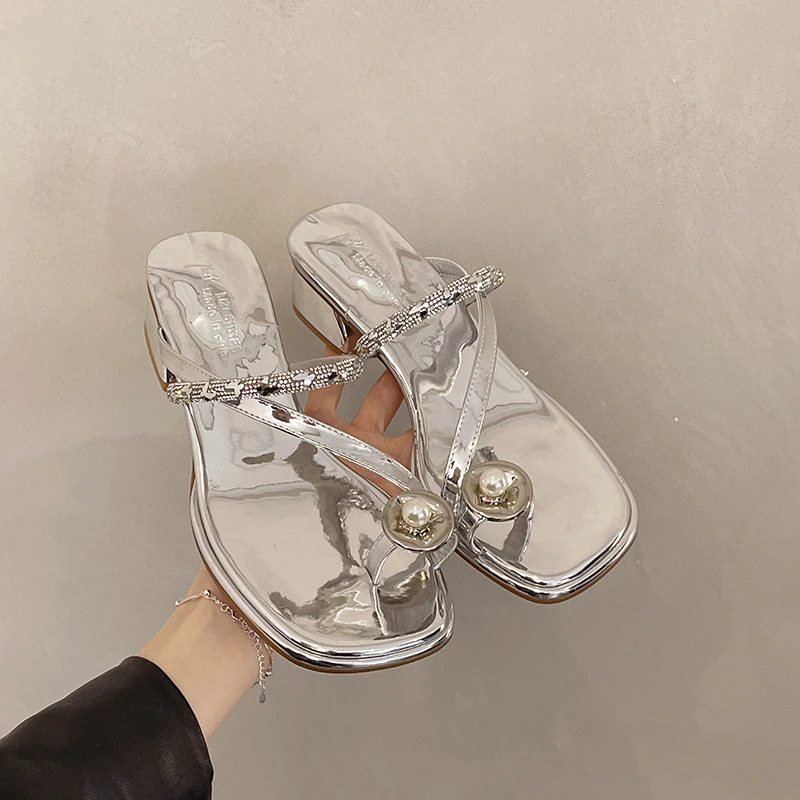 

Luxury Crystal Women Slippers Square Toe High Heels Sandals 2025 Designer Chunky Slingback Shoes Pumps Flip Flops Zapatos Mujer