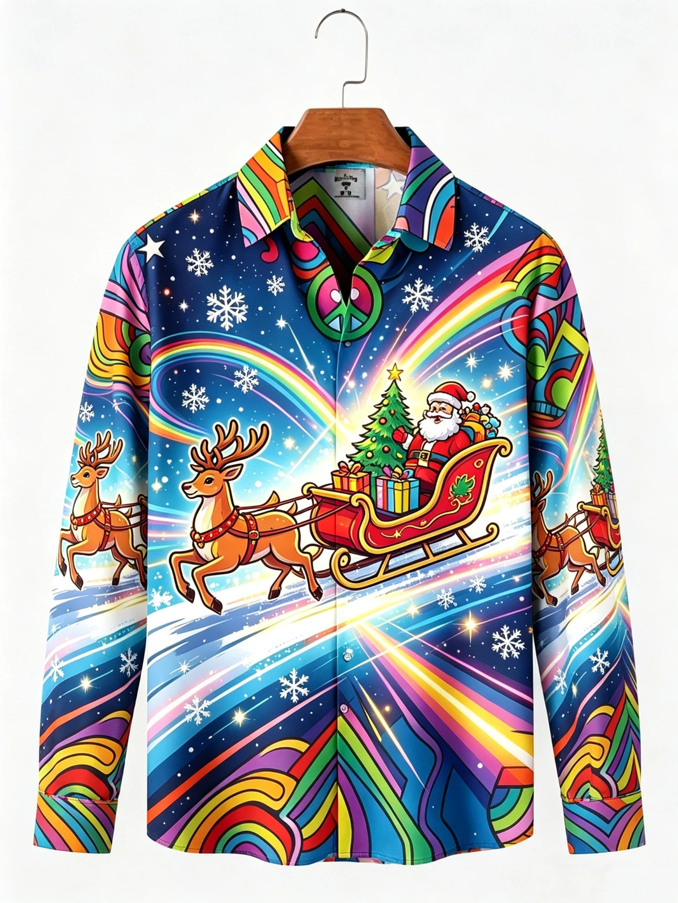 Men Long Sleeve Christmas Shirt Pop Art Rainbow Santa Sleigh Reindeer Star Sky Full Print Button Down Holiday
