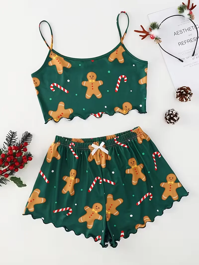 Christmas Clothes Cute Soft Gingerbread Print 2 Pieces Pajama Set Women's Sleepwear Crop Tops and Shorts Sets Loungewear