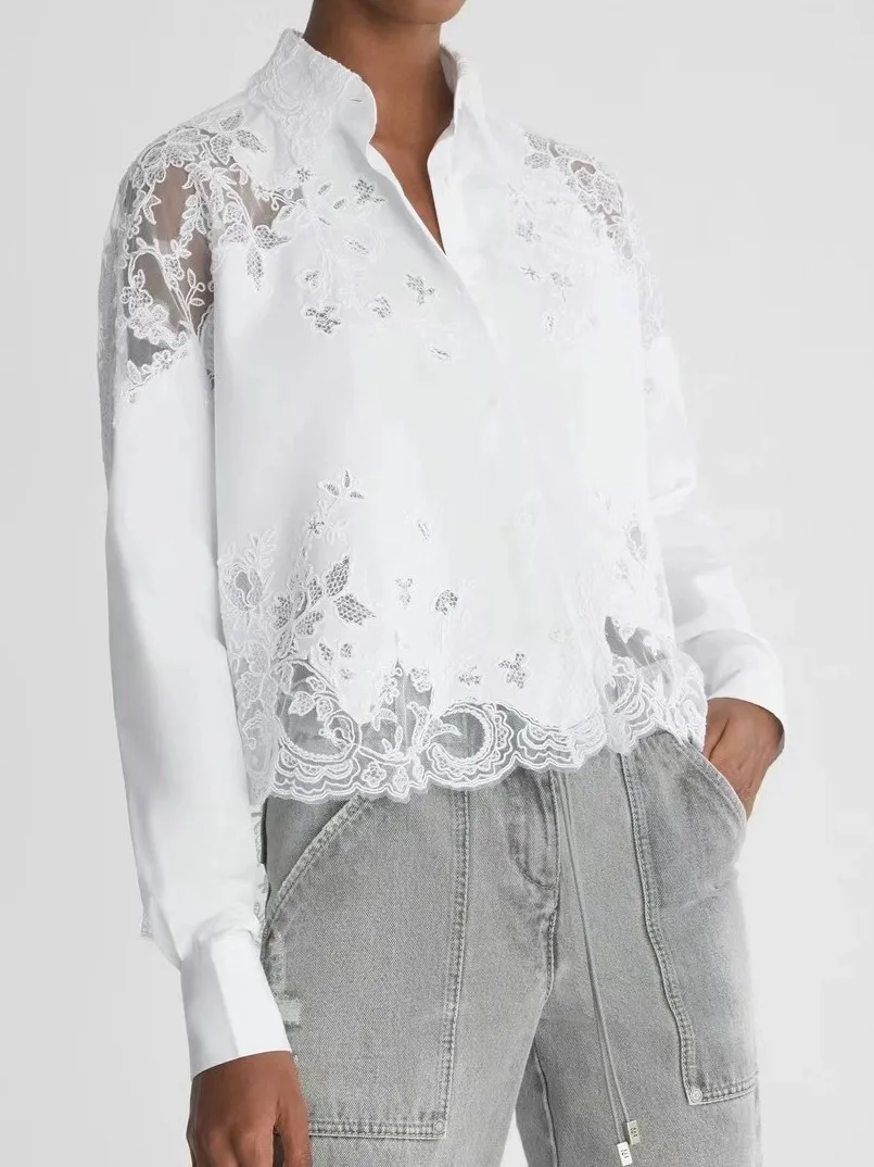 Women White Cotton Shirt Autumn Lace Embroidery Patchwork Turn-down Collar Single Breasted Long Sleeve Elegant Ladies Blouse