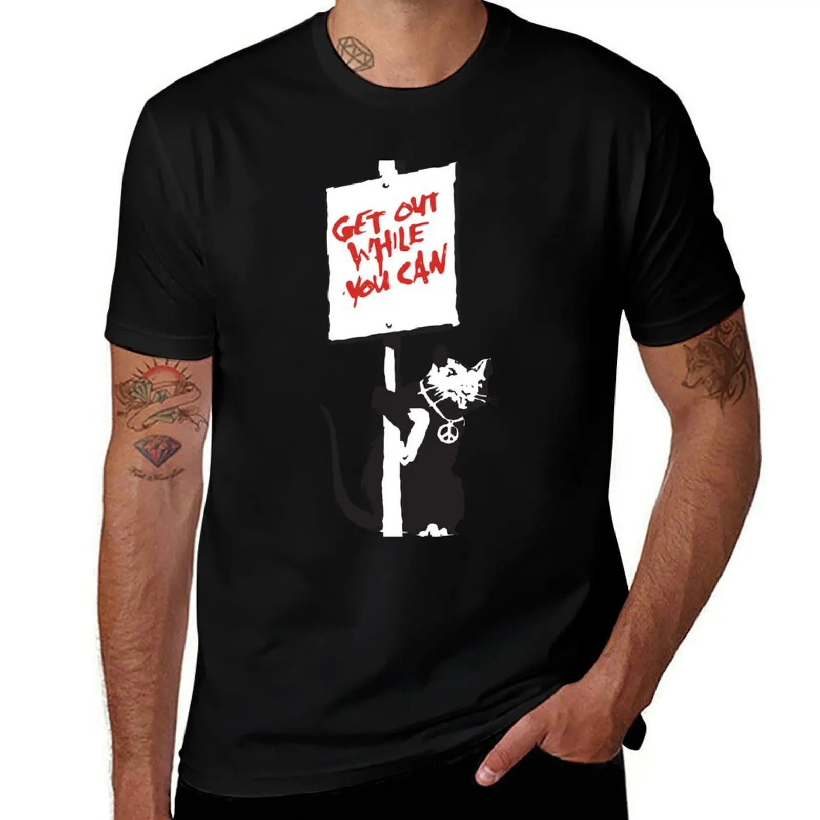 

Banksy Quote rat with sign Get Out While You Can Graffiti Street art Peace symbol necklace HD T-Shirt plain plain t shirts men