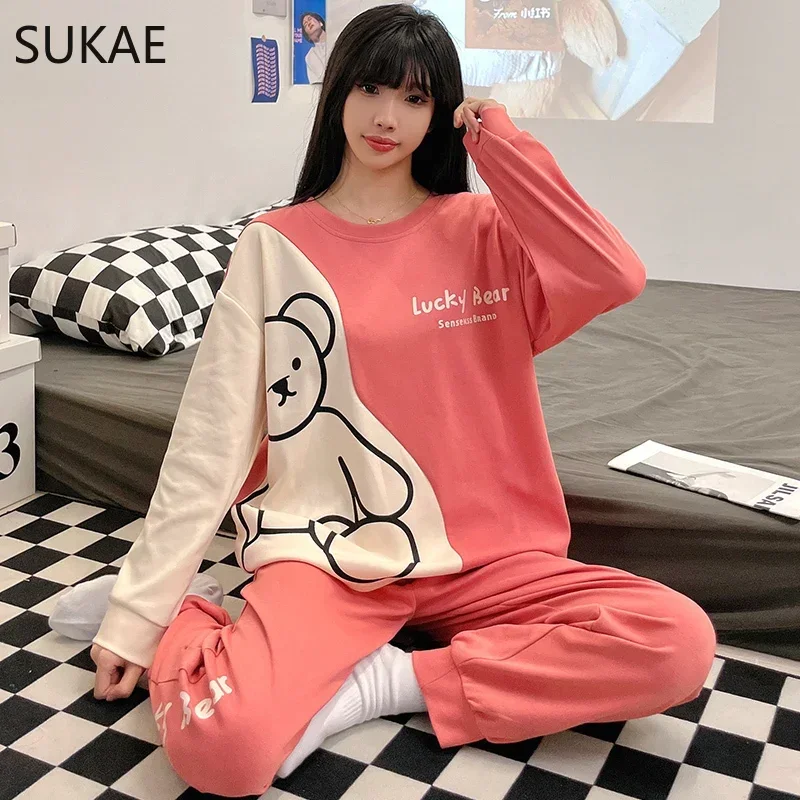 SUKAE Spring Autumn Long Sleeves Women Cotton Pajamas Sets Cute Cartoon Dinosaur Sleepwear Young Lady Homesuits Casual Pijamas