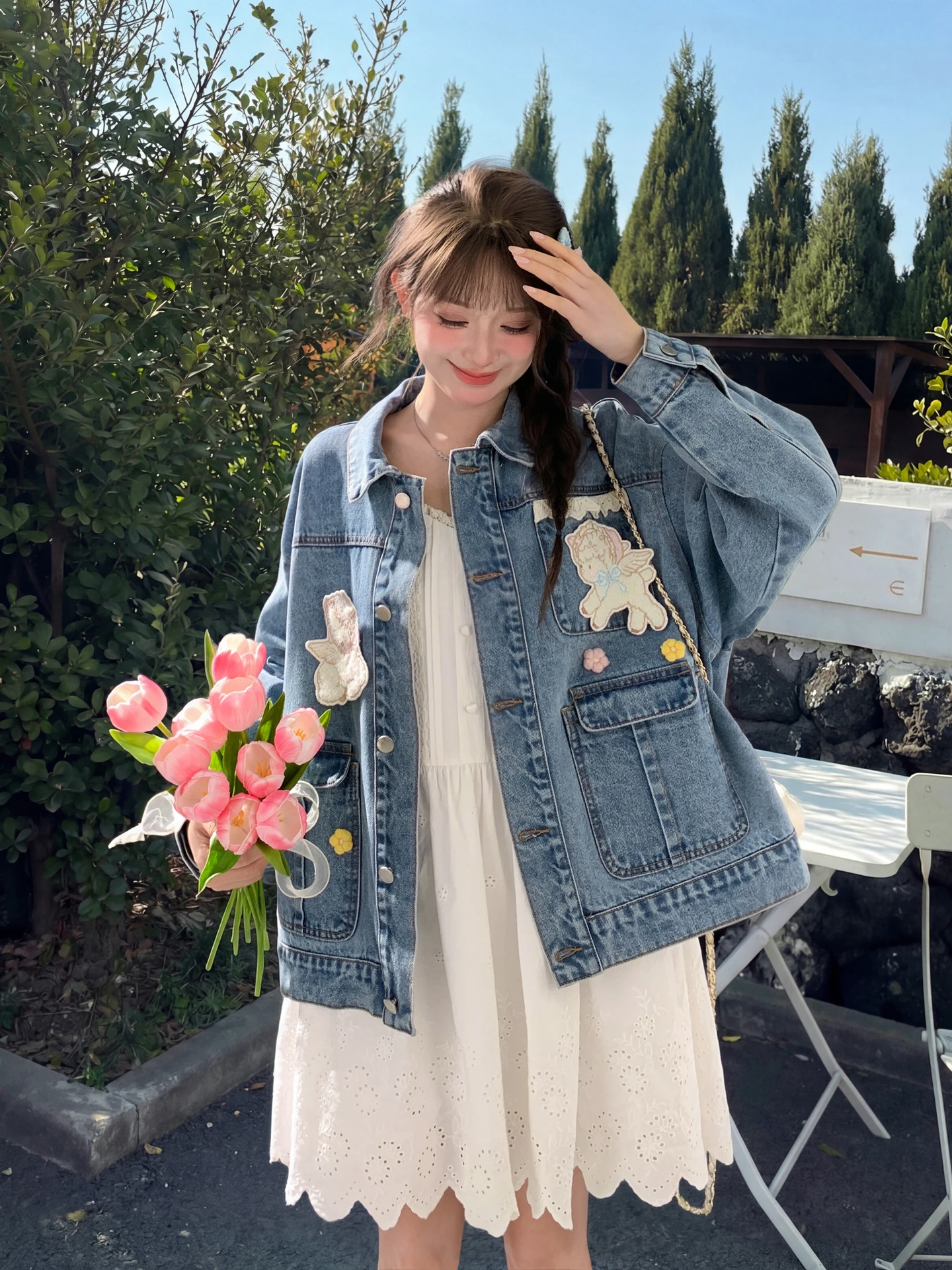 

Cute Lace Splicing Design Loose Women's Denim Jaet Sweet Sle Spring Outerwear Casual Cotton Polyester Blend
