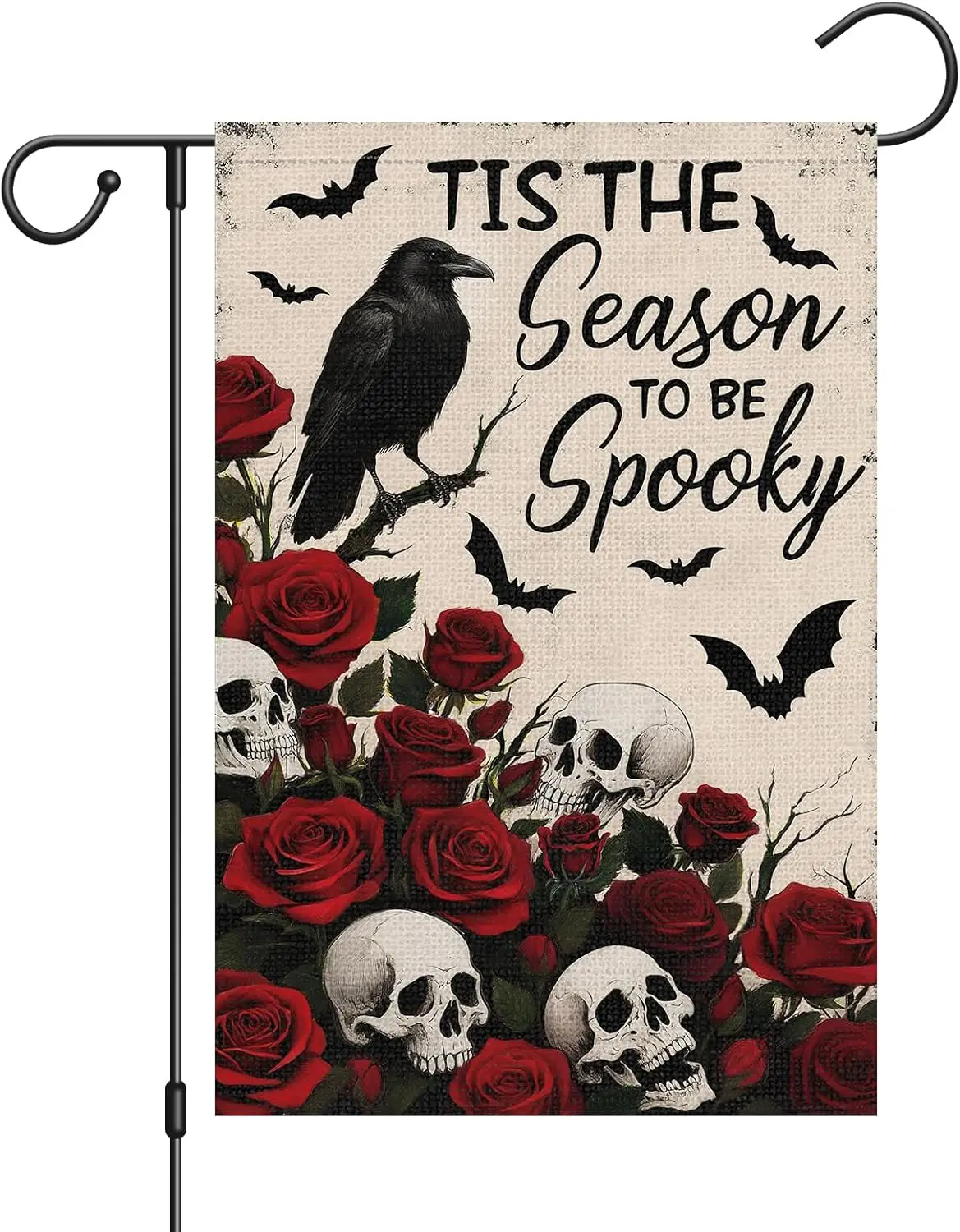 Halloween Garden Flag 12x18 Inch Double Sided Outside, Skull Floral Rose Crow Tis The Season To Be Spooky Holiday Yard Outdo xxl
