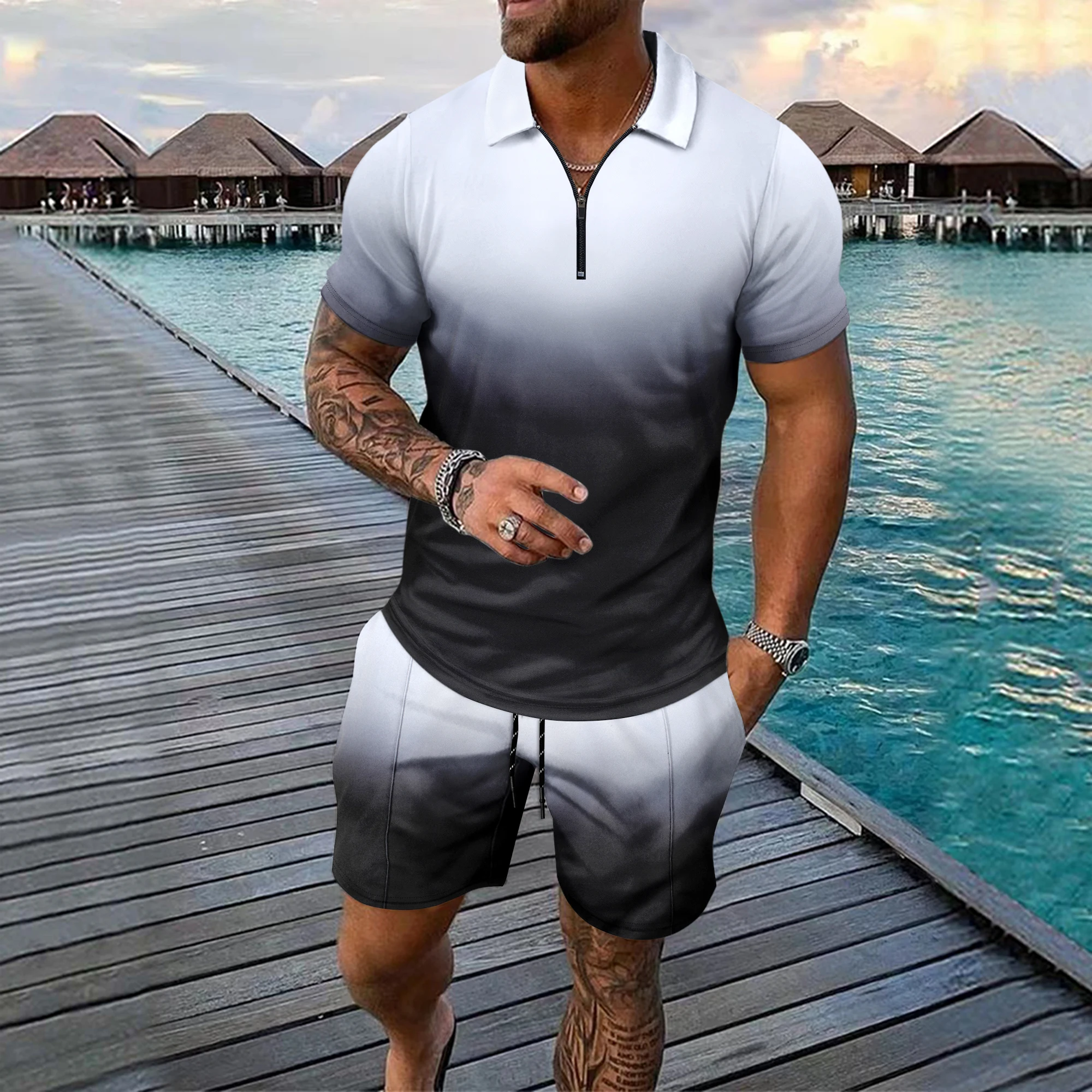 Bild 4: Interessantes Herren-Kurzarm-Set mit 3D-Karomuster, modischem Reißverschluss-Poloshirt und Shorts, lockeres Sommer-T-Shirt-Set