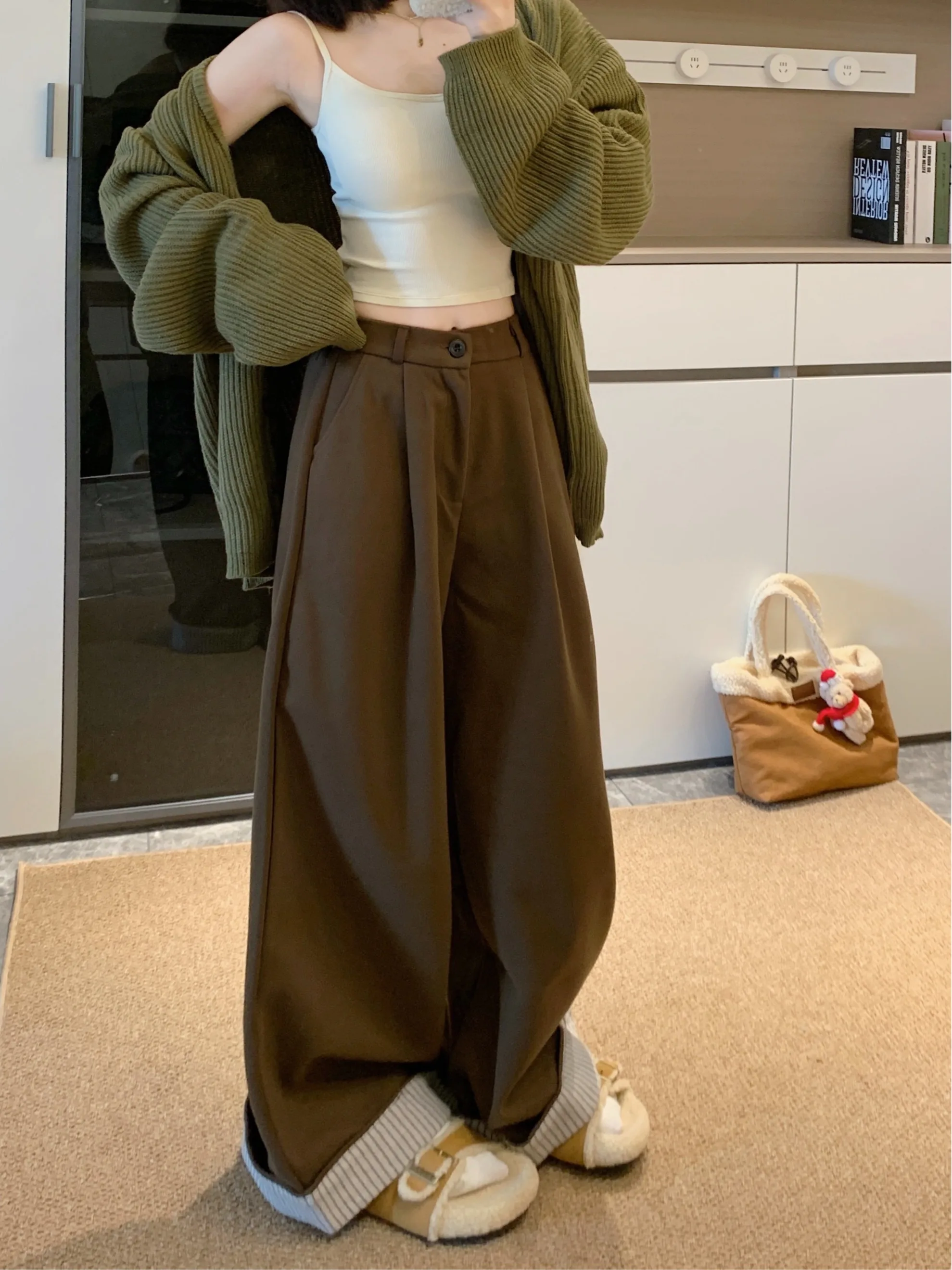 

plus Size Women's Lazy Sle Casual Wide Leg Pants High Waist Loose Straight Cut Woolen Trousers Autumn Winter New Arrival