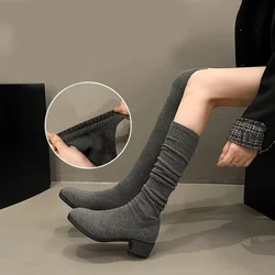 Elastic Socks Boots for Women 2023 Autumn Black Gray Women's Knitted Over Knee Boots Low Heel Pointed Casual High Botas Mujer