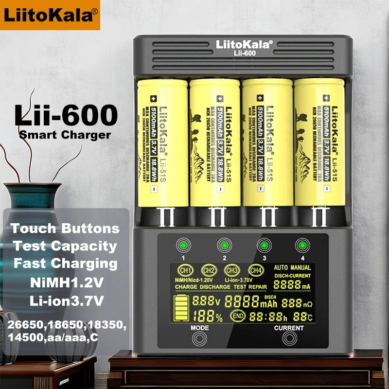 Liitokala Lii-600 Ładowarka baterii,Do baterii litowych 3.7V 18650 21500 26650 2265018500 14500,1.2V NiMH AA,Pojemność testowa