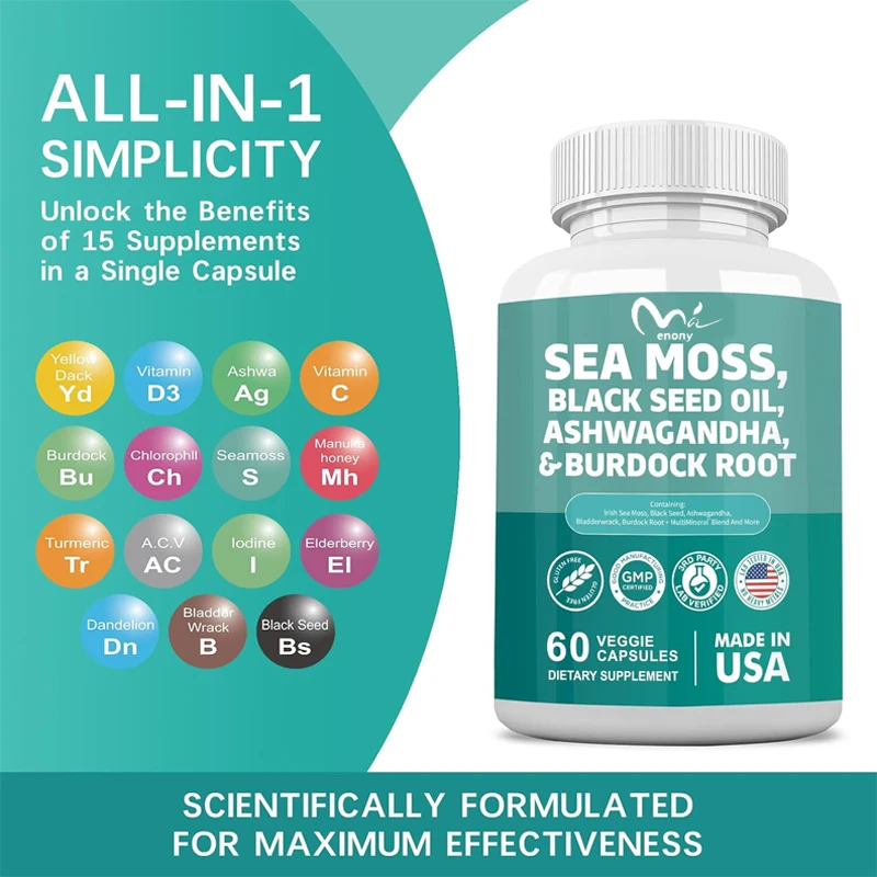 60 capsules 7000mg seaweed 4000mg black seed oil 2000mg Ashwagandha burdock root sea anemone root vitamin C curcumin