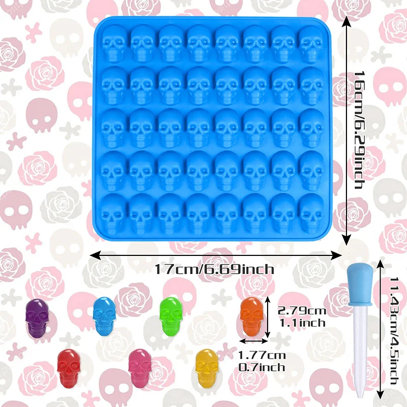 2Pcs Skull Candy Mould with Dropper 40 Cavity Silicone Mini Non Stick 3D Skeleton Head Sugar Chocolate Mold Kitchen Baking Tools