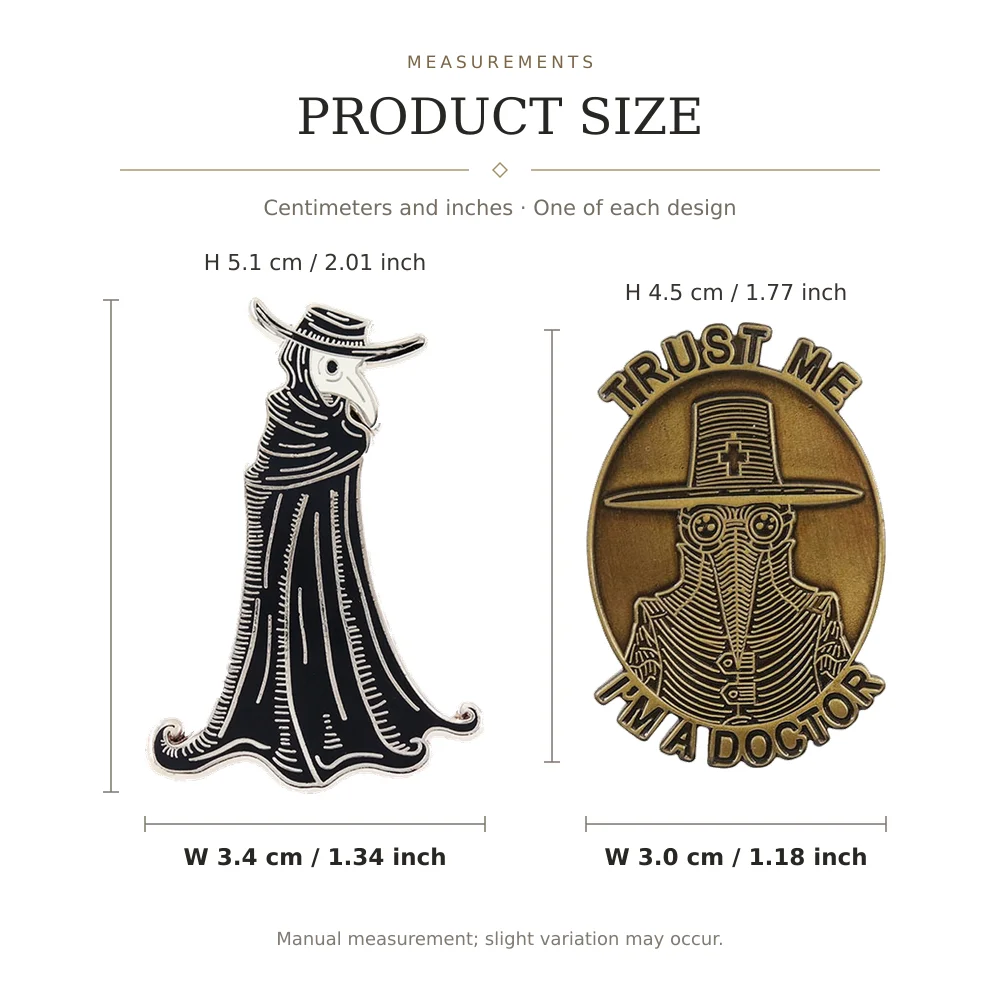 2 Piece Gothic Plague Doctor Pin Set, Bird Beak Mask and Humorous Doctor Quote Designs, Black White and Antique Bronze Tones