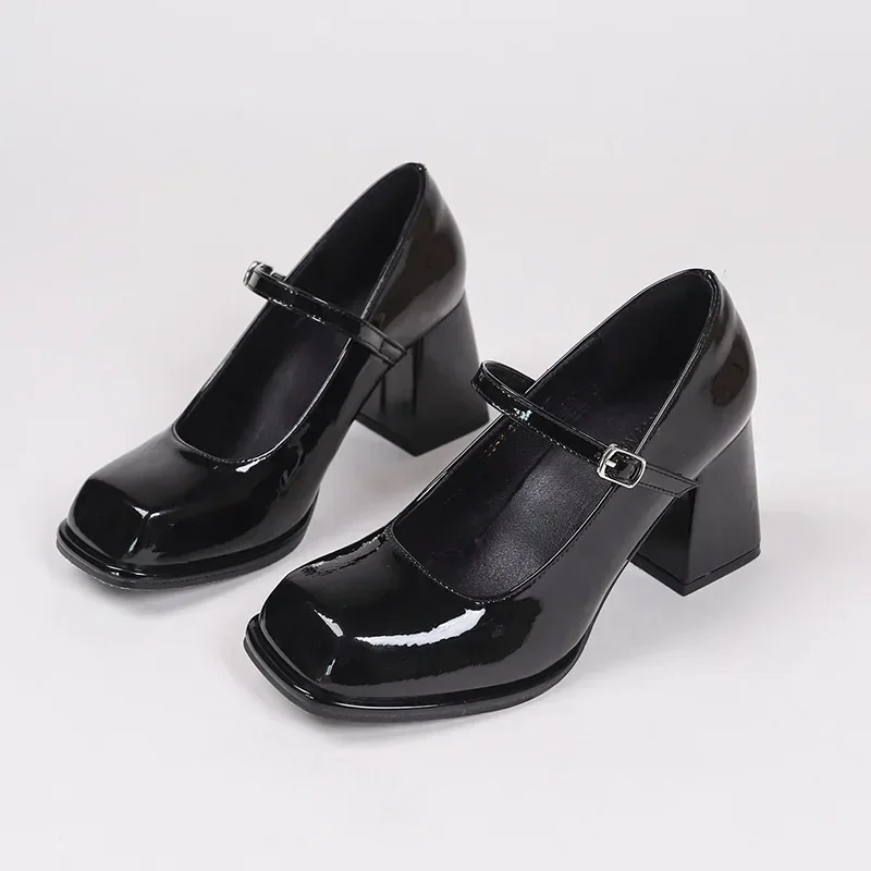 Ladies Summer Black New Small Leather Shoes Mary Janes Vintage Buckle Non-Slip Sandals Woman Medium Heels Casual Elegant Heels