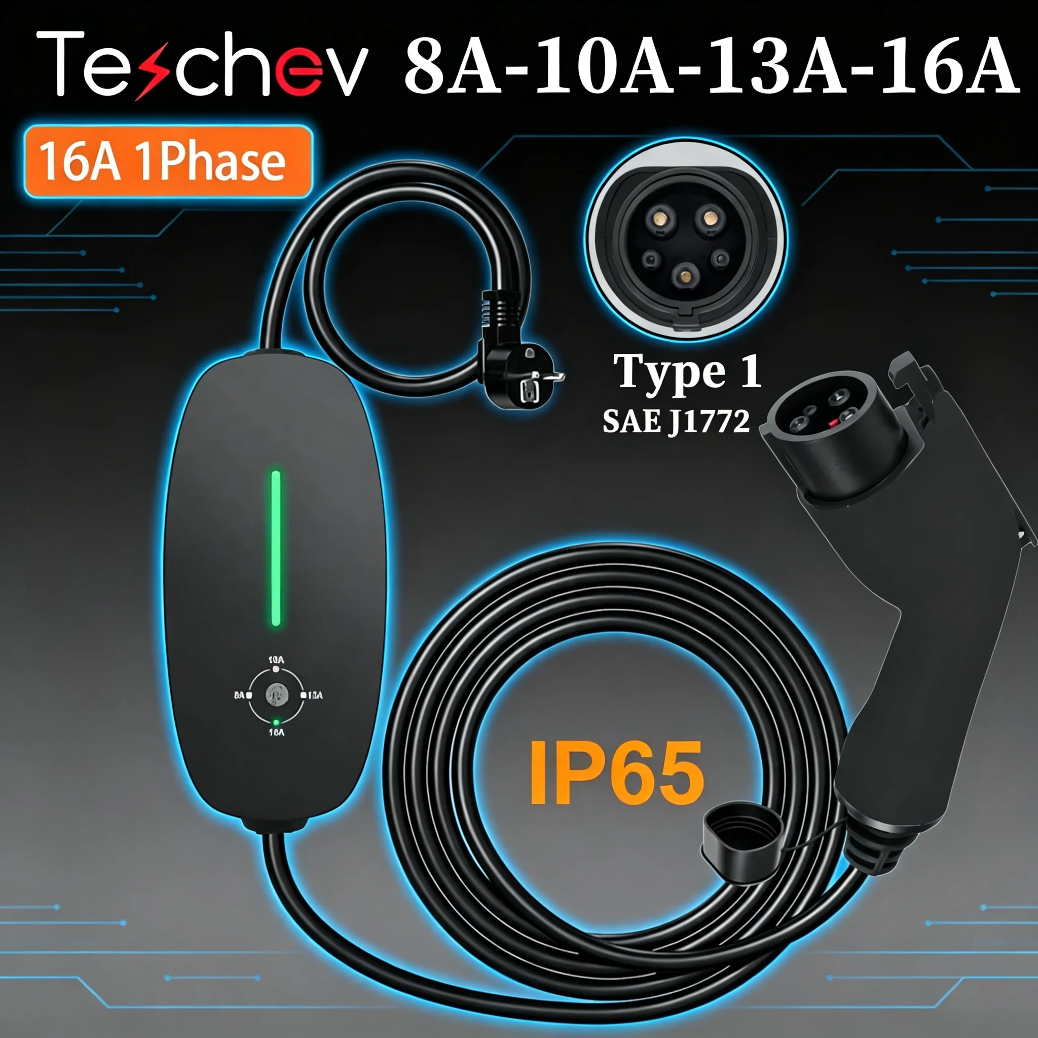 Teschev draagbare EV-oplader 3,5 kW Type 2 EVSE-oplaaddoos niveau 2 J1772 Type 1 oplader 16A autolader voor elektrische auto