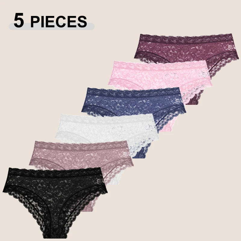 5-teiliges Set Sexy Spitzen-Blumen-Durchsichtige Slips Damen Sommer Atmungsaktive Bequeme Unterhosen Einfarbige Transparente Intimwäsche Dessous