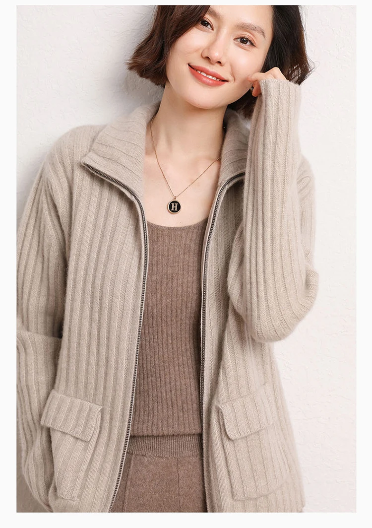 Ingenious craftsmanship! Heavy three-strand pit pure cashmere cardigan women\'s stand-up collar zipper knitted sweater loose coat