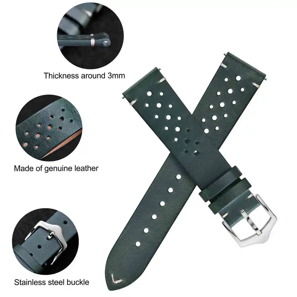 WOCCI Genuine Leather Watch Bands 18mm 20mm 22mm Vintage Watchstrap Replacement Quick Release Green Black Brown Blue Unisex