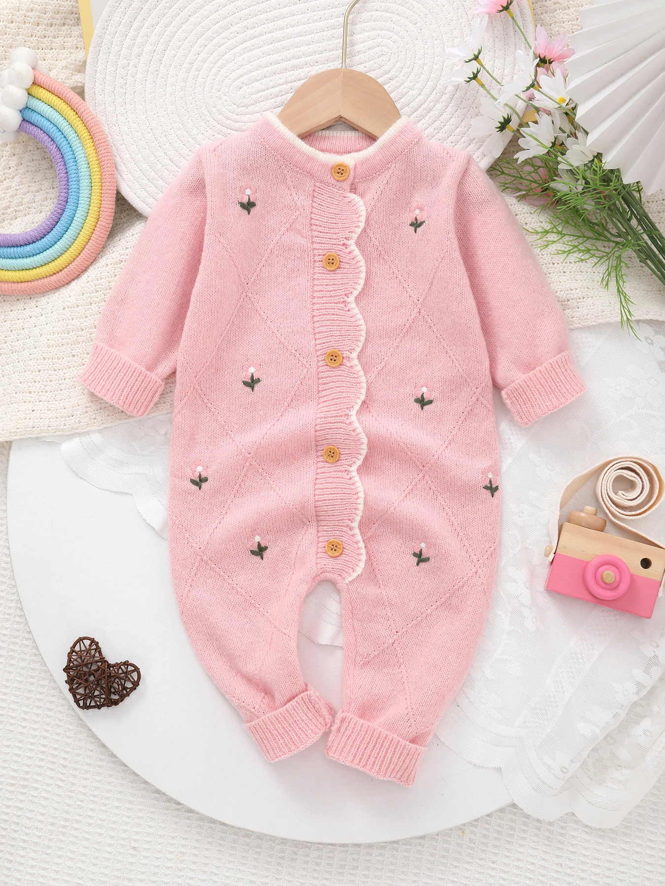 

Весенне-осенний детский комбинезон с вышивкой цветов, вязаный, с длинными рукавами, с вышивкой, на ножках