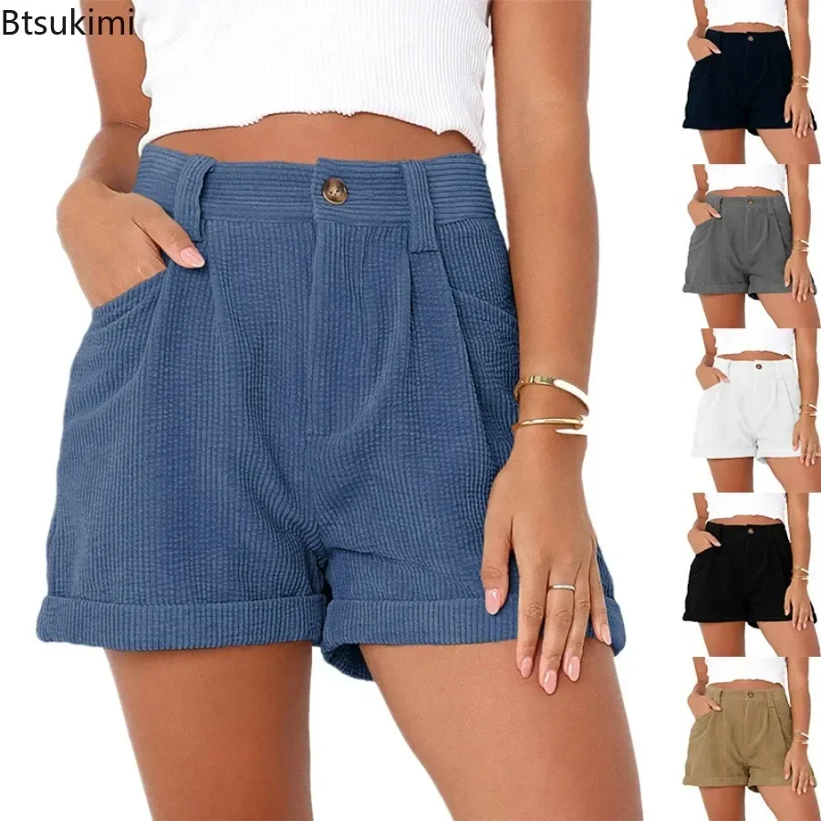 

2025 Women's Summer High Waist Corduroy Shorts Casual Loose Female Straight Short Pants Shorts Solid Denim Shorts Women Jeans