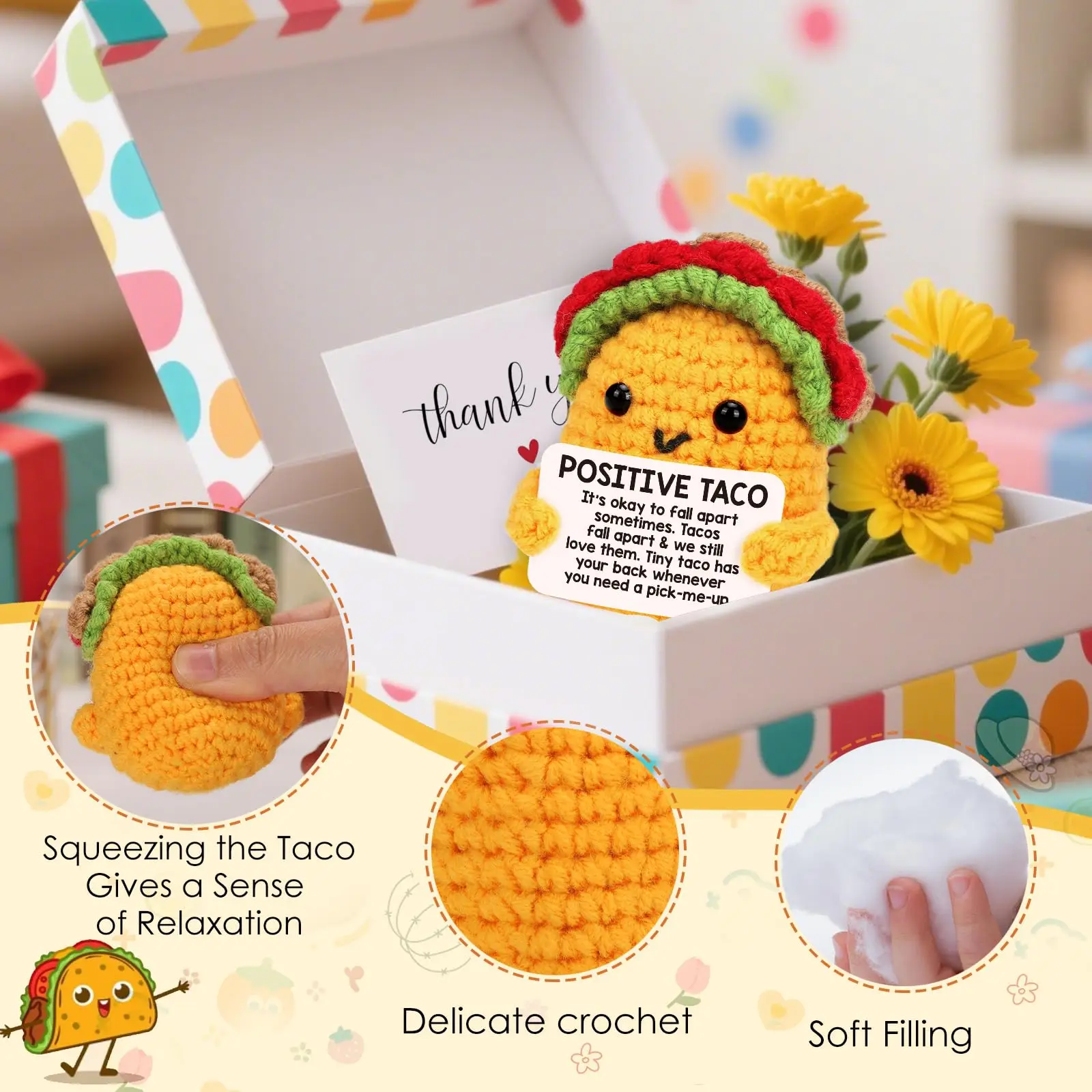 هدايا عيد الميلاد الإيجابية من الكروشيه تاكو، مكتب هدايا الاسترخاء ديكور المنزل الخريف دعم ملهم عاطفي