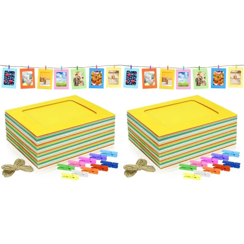 B97A-100 Pack Paper Picture Frames, 4X6 Colorful Photo Holder With Wooden Clips And String For Wall Decor And Party Supplies