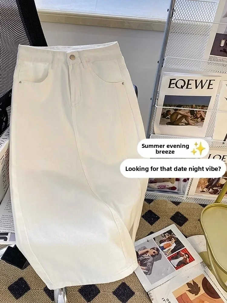 

High Waist Mid-Length Denim Skirt Women's Wrap around Side Split A-Line Skirt White Spring Autumn New Korean Style