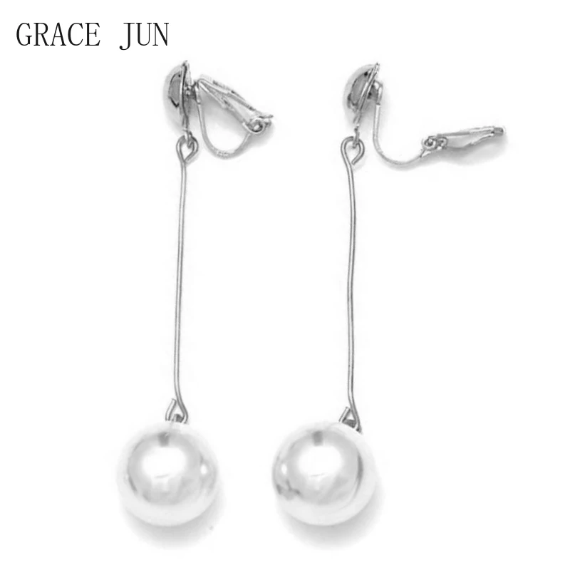 GRACE JUN Korea Style Long Pearl Clip on Earrings No Pierced for Women Fashion Cuff Earrings Needn't Ear Hole Ear Clip Wholesale
