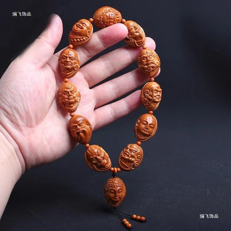 

Hand-carved stone bracelet featuring Ten Disciples holding the Luohan, a men's cultural artifact, single-sided olive s