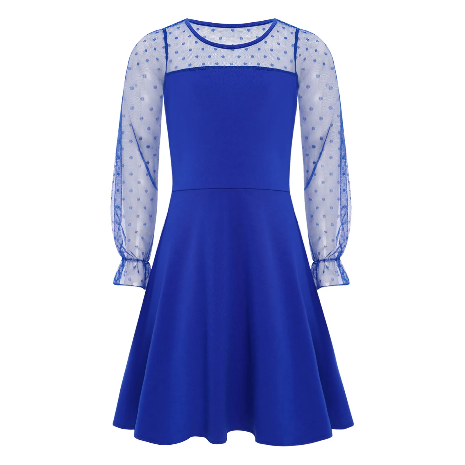 

Kids Girls Summer Dresses Round Neck Long Puff Sleeves Dots Sheer Mesh Patchwork Dress for Birthday Party Wedding Vacation
