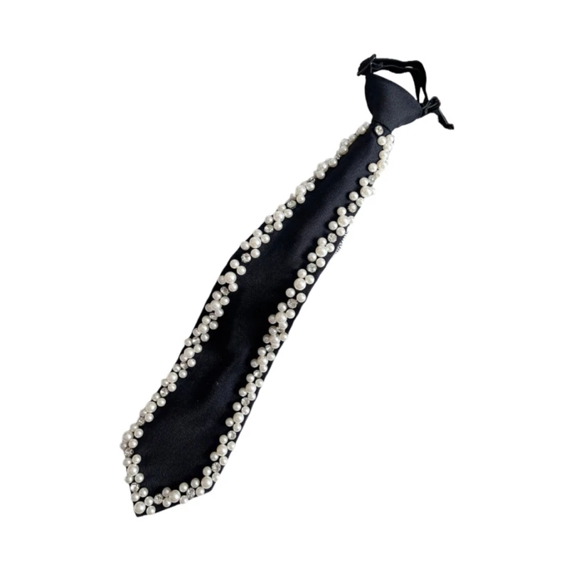 

Silk Neck Tie with Pearls Rhinestones Detailing Elegant Unisex Adjustable Pretied Necktie Neckwear for Formal Gatherings