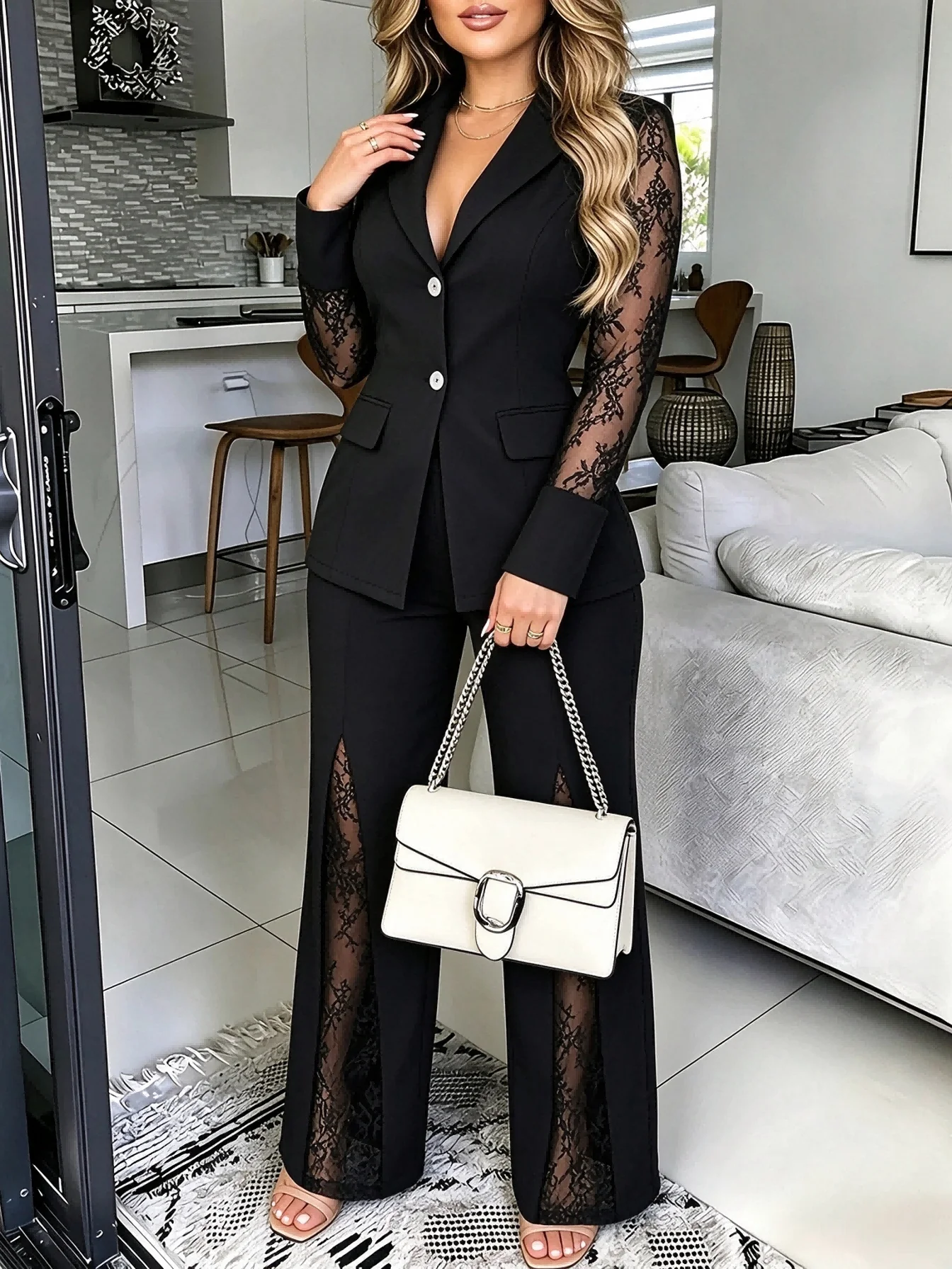 Women`s Two Piece Blazer Suit Set Lace Sheer Sleeve Work Outfit Autumn V-Neck Split Wide Leg Pant Elegant Evening Party Pantsuit