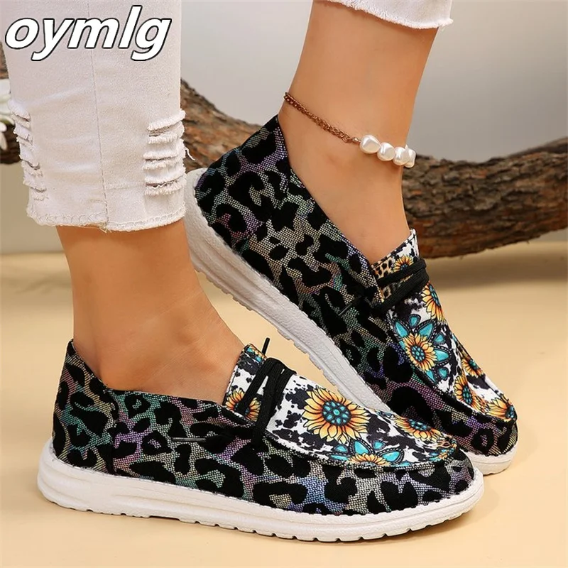 Large 2023 New Printed Fabric Face Single Shoes Round Toe One Step Flat Bottom Lazy Shoes Casual Single Shoes Female