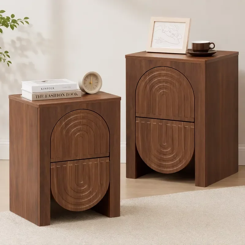 Walnut Veneer Double Drawer Bedside Table Wavy Embossed Chipboard Nightstand Compact Storage Locker for Small Bedroom Spaces