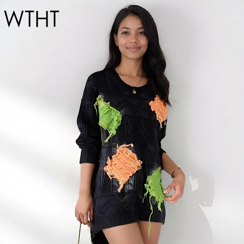 

WTHT модный женский лоскутный контрастный цветной вязаный свитер, осень 2022, модные пуловеры с круглым вырезом и длинными рукавами, женские 1LS2456